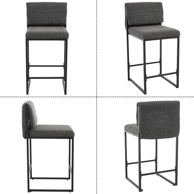 Modern Barstools Set of 2, 26” Upholstered Counter Height Bar Stools Sherpa Fabric Counter Stools with Padded Back Metal Frame for Kitchen Island Dining Room, Black