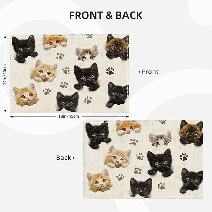 Cat Placemats Set of 6, Cute Black Cats Table Mats, Animal Washable Place Mats for Coffee Bar Home Party Indoor Kitchen Dining Table Decoration 12x18 Inch