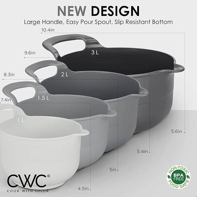 COOK WITH COLOR Nesting Plastic Mixing Bowl Set with Pour Spouts and Handles, Grey, 4 Piece Non-Slip