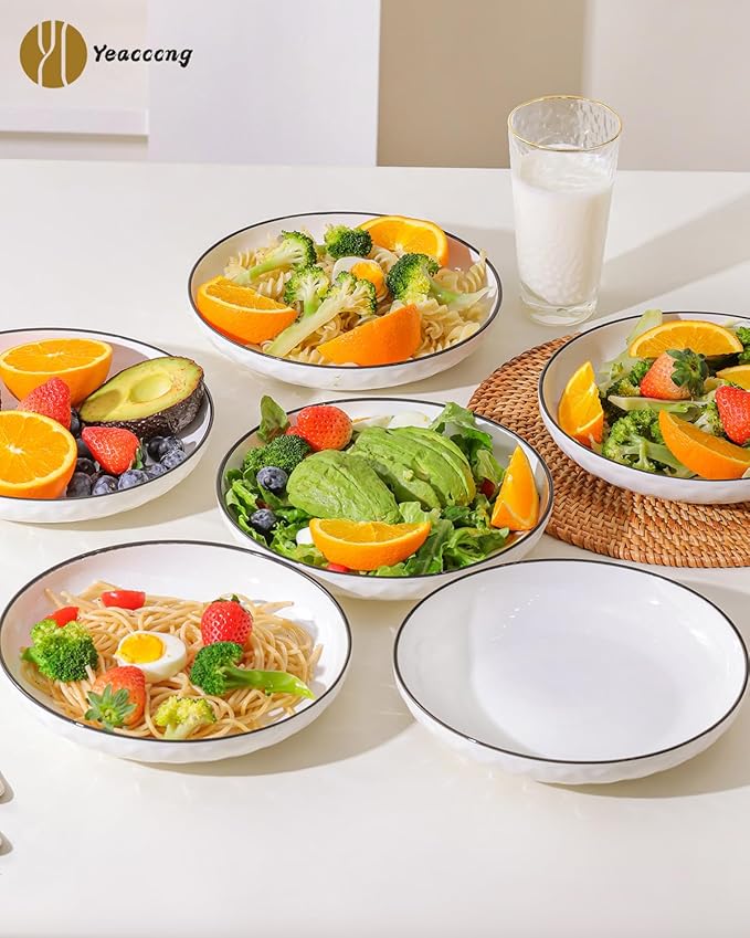 Yeacccng White Pasta Bowls Set of 6, 24oz Ceramic Salad Bowls, 8 inch Shallow Serving Bowls for Pasta, Salad, Oatmeal, Fruit, Easy to Clean, Dishwasher & Microwave Safe, Scratch-Resistant, Lead-Free