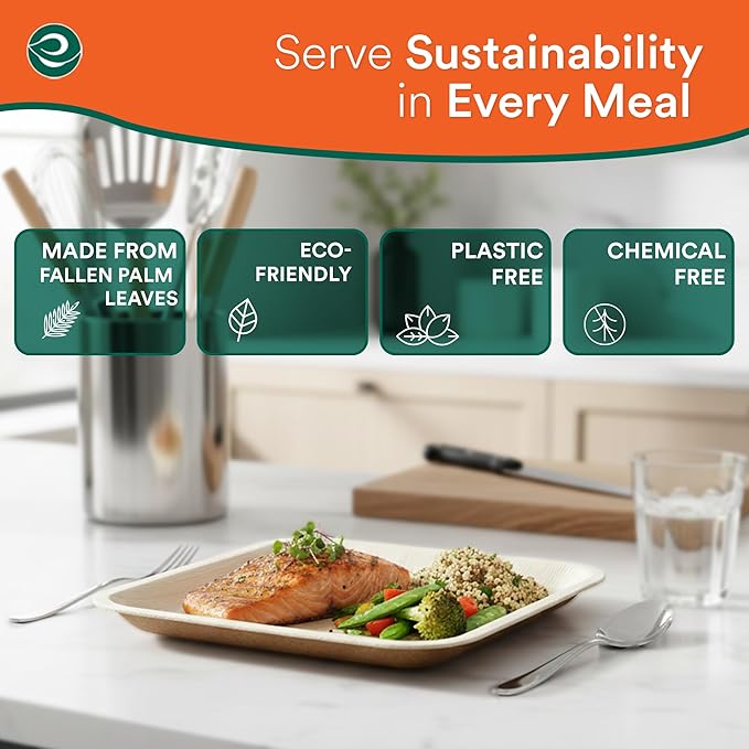 ECO SOUL Palm Leaf Disposable Bamboo Plates 10" Square Compostable & Biodegradable Party Plates for Dinner, Weddings, Parties & Events 50 Count