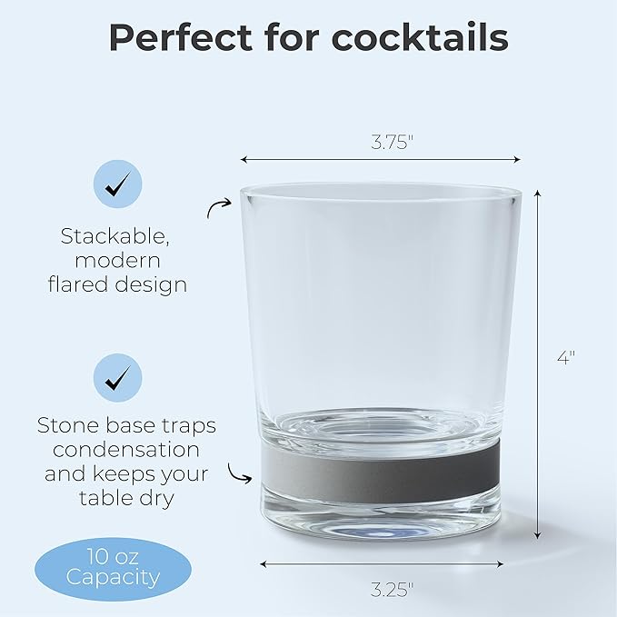 Coast Glassware The Short – Patented Lowball Tumbler with Built-In Stone Coaster Base – Absorbent, Surface-Protecting Whiskey & Cocktail Glasses – Premium Gift Pack (Set of 2) - 10 oz