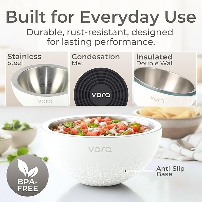 Vora 18oz Dip Chiller Bowl | Bright White Stainless Steel Chilled Dip Bowl for Dips, Guacamole, Hummus, Salsa | Insulated Serving Dishes with Easiest Water Fill & Refillable Chamber