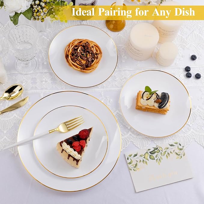 100 PCS Gold and White Plastic Plates, 7 inch White Disposable Plates for Party, Plastic Dessert/Salad Plates