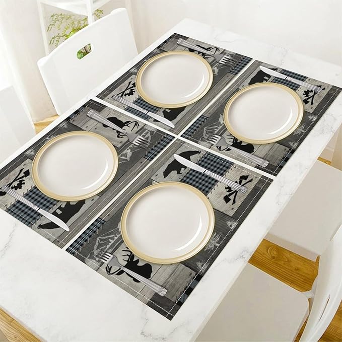 Bear Moose Deer Placemats Rustic Wildlife Moose Forest Animal Cabin Lodge Lake Pine Heat-Resistant Linen Table Place Mats for Dining Kitchen Country Camp Style Farmhouse Decor 6 PCS, Countryside-8