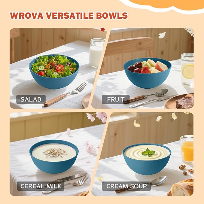 Wrova wheat straw bowls with lids set of 4, 40oz cereal bowls with covers,unbreakable salad container for lunch, dishwasher safe bowl sets for kitchen. Blue