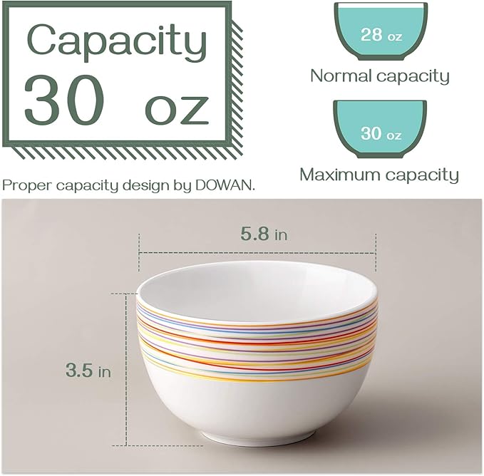 DOWAN 5.8" Deep Soup Bowls & Cereal Bowls - 30 Ounces Large Bowls Set of 4 for Kitchen - Ceramic Bowls for Cereal, Soup, Oatmeal, Salad, Ramen, Noodle, Rice - Dishwasher & Oven Safe (Multi)