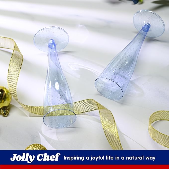 JOLLY CHEF 100 Pack Plastic Champagne Flutes Disposable 4.5 oz Blue Glitter Plastic Champagne Glasses Suitable for Wedding, Thanksgiving Day, Christmas