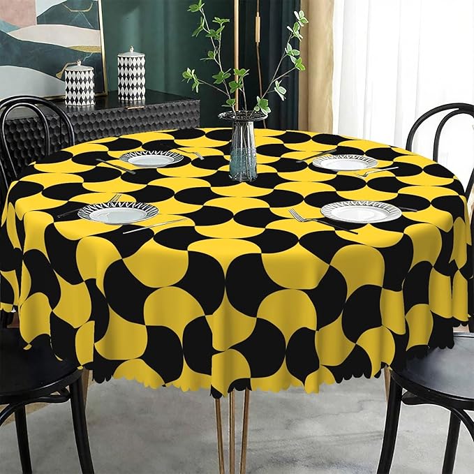 Laeacco 60 Inch Geometric Round Tablecloth Black and Gold Abstract Pattern Modern Art Print Table Cloth Washable Waterproof Wrinkle Free Table Cover for Kitchen Dining Picnic Party Decoration
