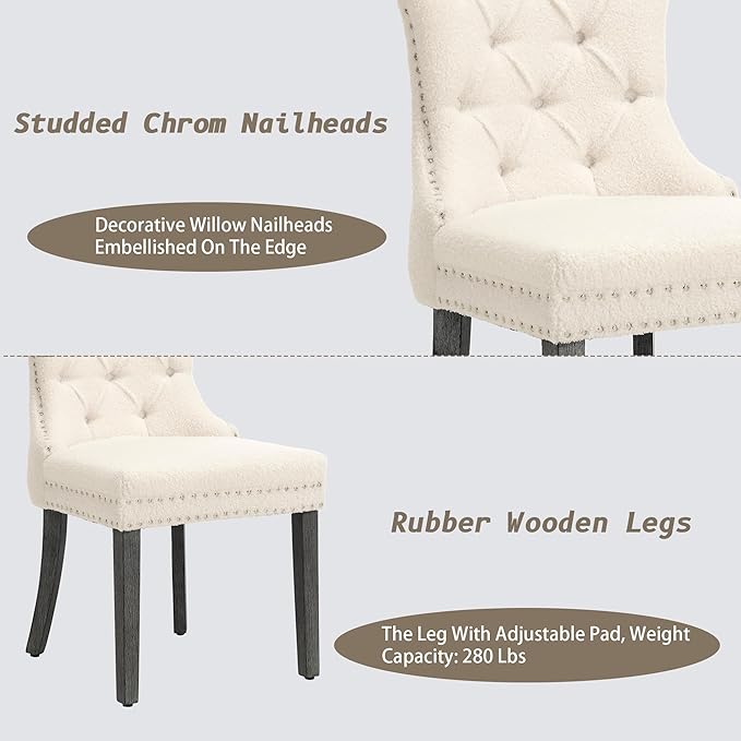 KCC Boucle Dining Chairs Set of 6, Upholstered High-end Tufted Dining Room Chair with Nailhead Back Ring Pull Trim Solid Wood Legs, Contemporary Nikki Collection Modern Style for Kitchen, Cream