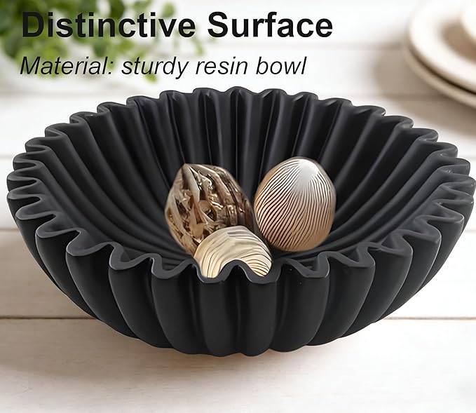Large Modern Decorative Bowl, Fruit Bowl for counter, Modern Home Decor, Ruffle Bowl for Kitchen Counter Coffee Table, Key Bowl for Entryway Table, 10", Black