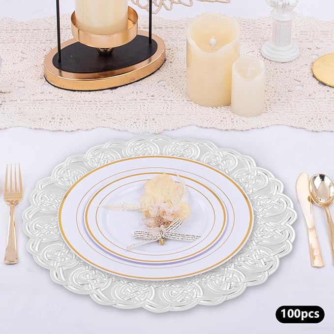 100 Pcs Antique Charger Plates Bulk, 13in Reusable Serving Plates Embossed Rim Plastic Party Dinner Plate Chargers Round Decorative Server Plate for Wedding Party Event Tableware