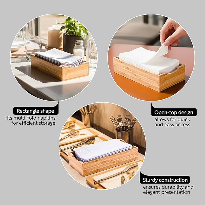 9.5 x 4.25 x 2 Inch Flat Napkin Holder, 1 Rectangle Wooden Napkin Holder - For Kitchen Tables or Countertops, Sturdy, Natural Bamboo Kitchen Napkin Holder, Dining Room Decor - Restaurantware