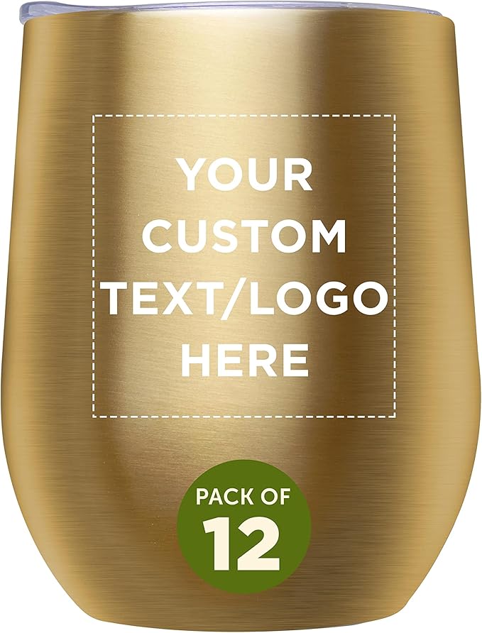 Custom Stemless Wine Glass Tumblers with Lids by Largo 11 oz. Set of 12, Personalized Bulk Pack - Perfect for Wine, Cocktails, Other Hot & Cold Beverages - Gold
