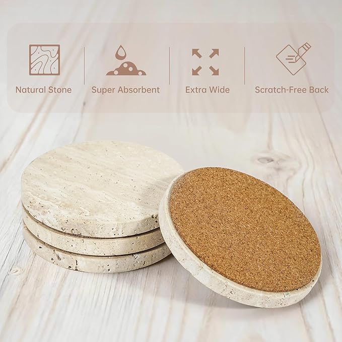 4-Inch Beige Travertine Coasters Set of 4 - Natural Limestone Absorbent Drink Coasters with Non-Slip Cork Backing, Protect Countertops from Stains and Scratches