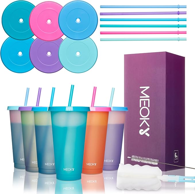 Meoky 12Pack Plastic Cups with Lids and Straws 24oz Reusable Color Changing Cups for Adult Kids Cold Coffee Drinking Tumblers Summer Party Cups