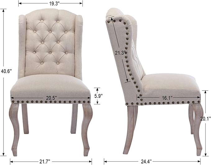 Linen Dining Chairs Set of 6, Farmhouse Dining Room Chairs with Tufted Wingback, Upholstered French Country Parsons Kitchen Chairs Side Accent Chair for Home/Restaurant, Cream