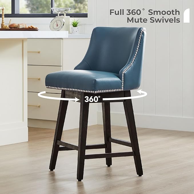 CHITA Counter Height Swivel Bar Stools, FSC Certified Upholstered Counter Stools, Modern Swivel Barstools with Wood Legs for Kitchen Island, 26" Seat Height, Faux Leather in Blue