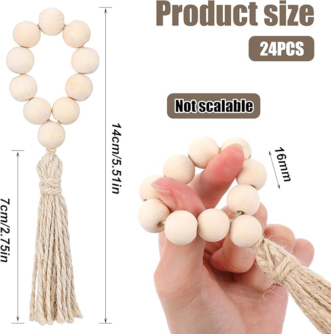 24 Pcs Wooden Bead Napkin Rings, Farmhouse Napkin Rings with Tassel Boho Napkins Ring for Dining Table,Wedding Decoration (Nature)