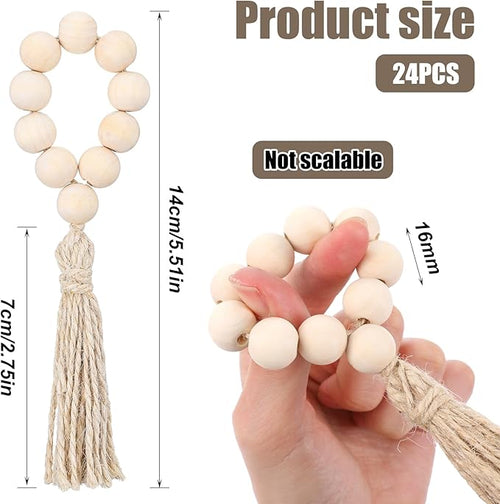 24 Pcs Wooden Bead Napkin Rings, Farmhouse Napkin Rings with Tassel Boho Napkins Ring for Dining Table,Wedding Decoration (Nature)
