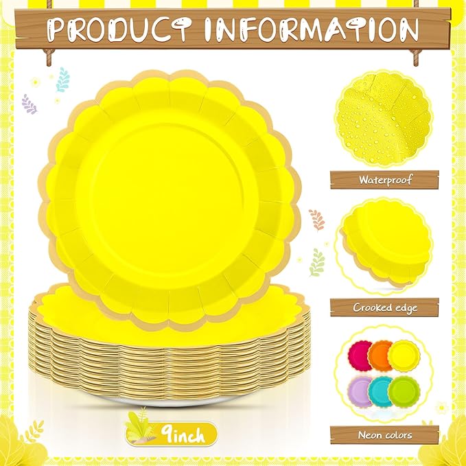 48 Pcs Neon Colorful Paper Plates 9 Inch Gradient Scalloped Paper Plates Disposable Dinner Dessert for Birthday Wedding Bridal Party Supplies, 6 Colors