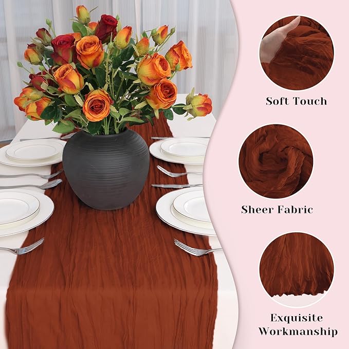 Terracotta Table Runner, 10 Ft 120 in Cheesecloth Table Runner, Rustic Fall Table Runners for Wedding, Party, Bridal Shower, Boho Table Runners for Thanksgiving Halloween