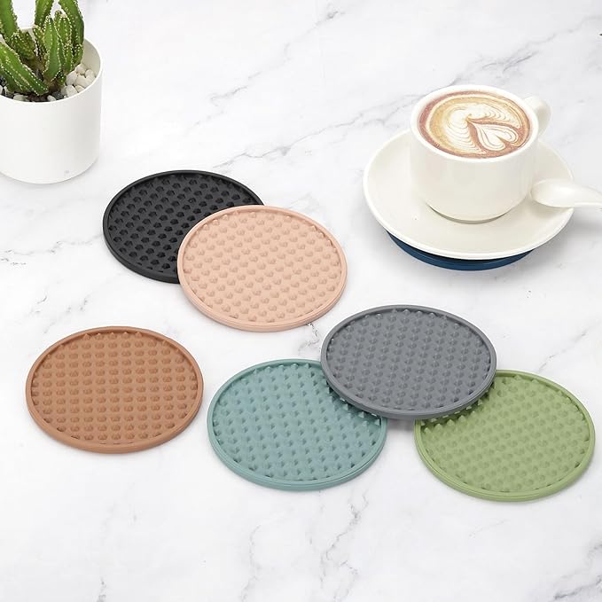 uxcell Set of 6 Round Drink Coasters with Holder, 4" Silicone Coaster for Drinks Non-Slip Cup Coaster Heat Resistant Glass Cushion for Bar Kitchen Office Decor, Black(Pentagon)