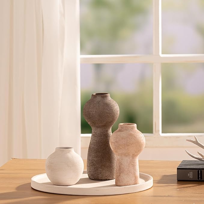 Ceramic Vase Home Table Decor - Flower Vase Set of 3 Living Room Kitchen Decorations Farmhouse Modern Rustic Vases Decorative Centerpiece for Shelf Bedroom Office Bathroom Dining Coffee Desk