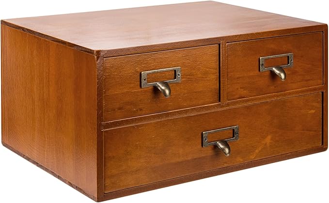 Vintage Desktop Apothecary Cabinet with 3 Drawers - Solid Wood Medicine Cabinet for Tabletop - Rustic Card Catalog Drawers with Label Holders - Desktop Chest Drawer for Storage and Organization