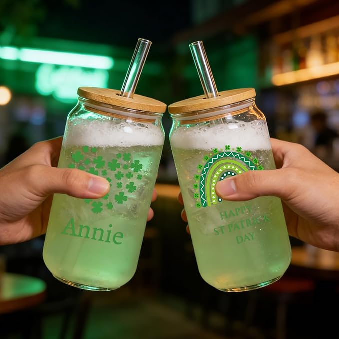 Mason Life St Patrick's Day Personalized Glass Tumbler, Print 2 Sides 18 OZ Cute Glass Cup with Lid and Straw, Lucky Clover Beer Can Glass, Personalized St.Patrick's Day Gift