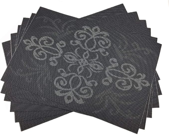 Gugrida Luxury Black Placemats Set of 6 Crossweave Woven Vinyl Placemat for Dining Table Heat Resistant Non-Slip Kitchen Table Mats Easy to Clean