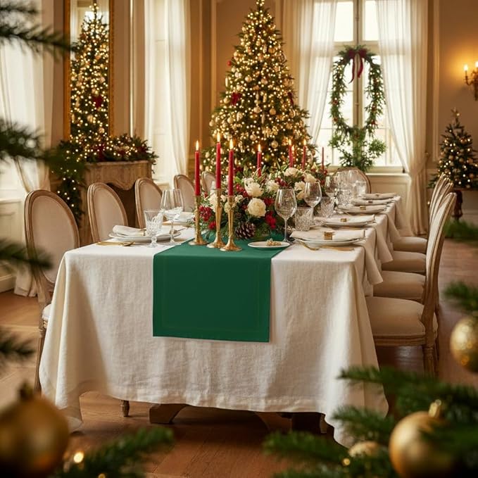 D'Moksha Homes Linen Forest Green Table Runner 108 Inches Long - 100% Pure Linen Dining Table Runner 14 x 108 Inch for St Patricks Day, Easter - Machine Washable
