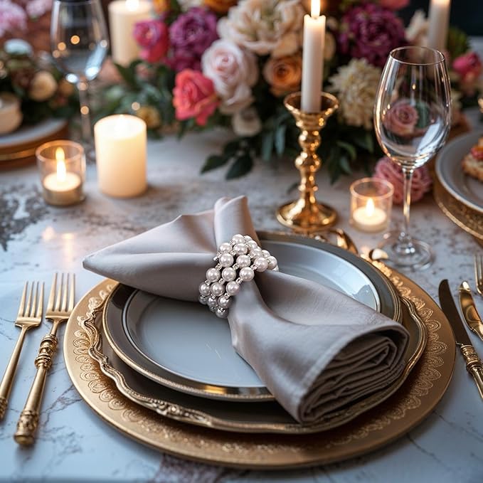 Decozen Set of 4 White Napkin Rings with Pearl Design, Festive, Table Decor Setting for Holiday, Wedding, Birthday, Kitchen, Home Decor, Housewarming Gift - Mothers Day Decorations