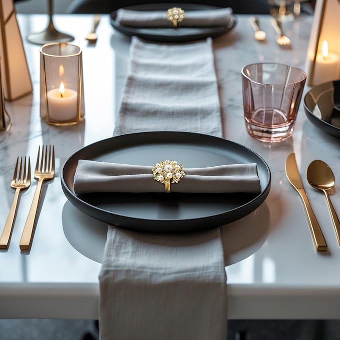 Decozen Set of 16 Gold Napkin Rings with Pearl Design, Festive, Table Decor Setting for Holiday, Wedding, Birthday, Kitchen, Home Decor, Housewarming Gift - Thanksgiving & Christmas Gift Decoration