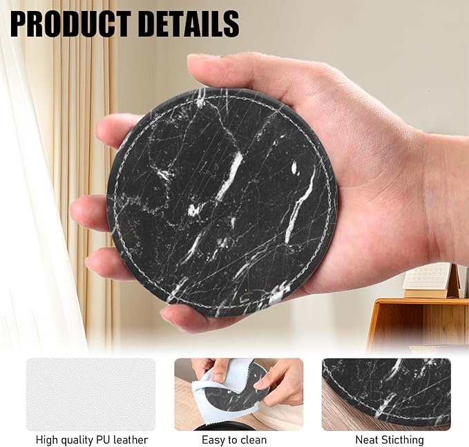 Coasters for Drinks PU Leather,Set of 6 with Holder,Round Housewarming Gift Home Decor,Black and White Marble