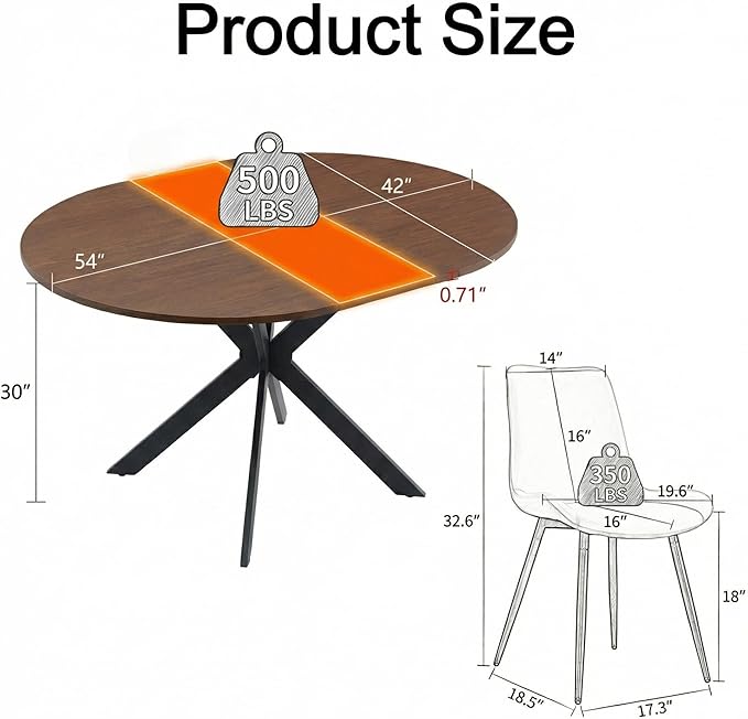Round Dining Table Set for 6｜42"-54" Extendable Dining Room Table Set｜Wooden Kitchen Table with 6 Chairs｜Mid Century Modern Dinner Table Set with Cross Legs｜Easy Assembly｜Space Saving