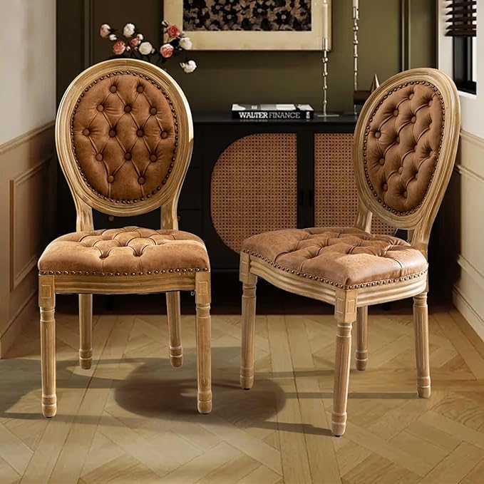 SoarFlash French Dining Chairs Set of 6, Vantage Dining Chair with Round Back, Farmhouse Country PU Leather Dining Chair for Kitchen,Bedroom,Orange