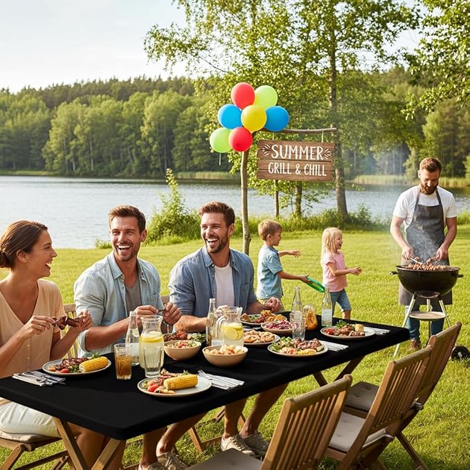 Smiry Rectangle Picnic Table Cloth, Waterproof Elastic Fitted Tablecloths for 4 Foot Tables, Washable Polyester Table Cover for Camping, Indoor and Outdoor (Black, 24"x48")