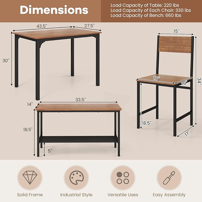 NAFORT Dining Table Set for 4 with Bench, Industrial Kitchen Table and Chairs, Rustic Brown Wood & Black Metal 4-Piece Dining Room Set for Apartment, Small Space, Kitchen, Restaurant