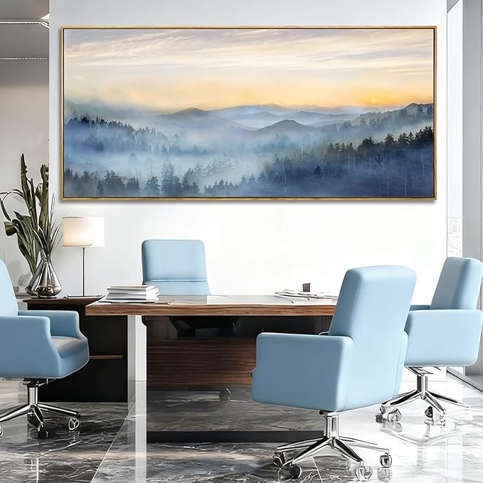 YJYart Blue Prints for Wall Decor Forest Wall Art Mountain Canvas Pictures 40"x86" Large Posters for Dining Room Office Artwork