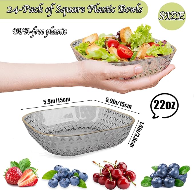Clear Plastic Bowls, 24 Pack 22 Oz Plastic Serving Bowl Salad Serving Bowl Fruit Salad Bowl For Party Wedding Birthday Snack Fruit (Grey)