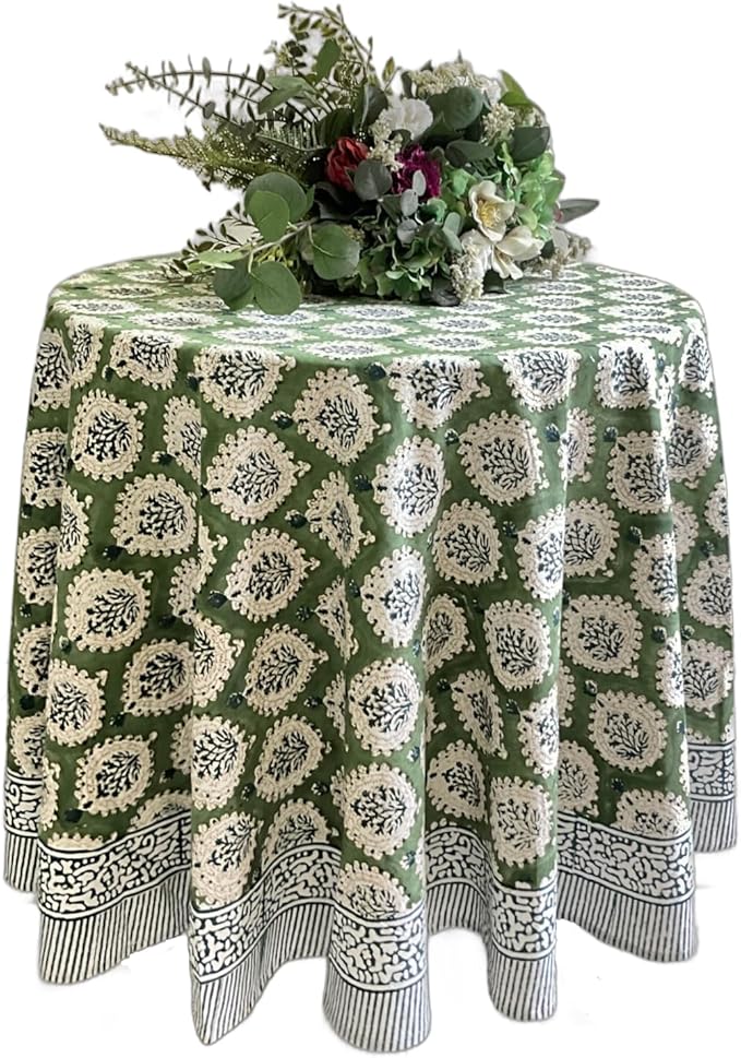 ATOSII Kari Green 100% Cotton Round Boho Spring Summer Tablecloth, Block Print Floral Table Cloth Linen for Dining, Parties, Weddings, OutdoorsI Home Table Decor 90" Inches Round