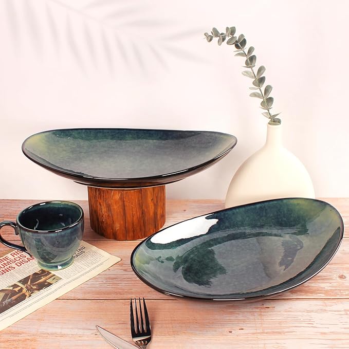 Ceramic Serving Platters Set of 2, 16 Inch Curved Oval Salad Plates for Entertaining, Modern Kitchen Dishes, Trays for Dinner, Fruit, Salad, Pasta, burgers - Dishwasher Microwave Safe