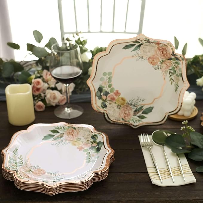 50 Pack 10" White/Rose Gold Floral Print Scallop Rim Dinner Plates, Disposable Round Paper Party Plates 300 GSM for Festive Table Decoration