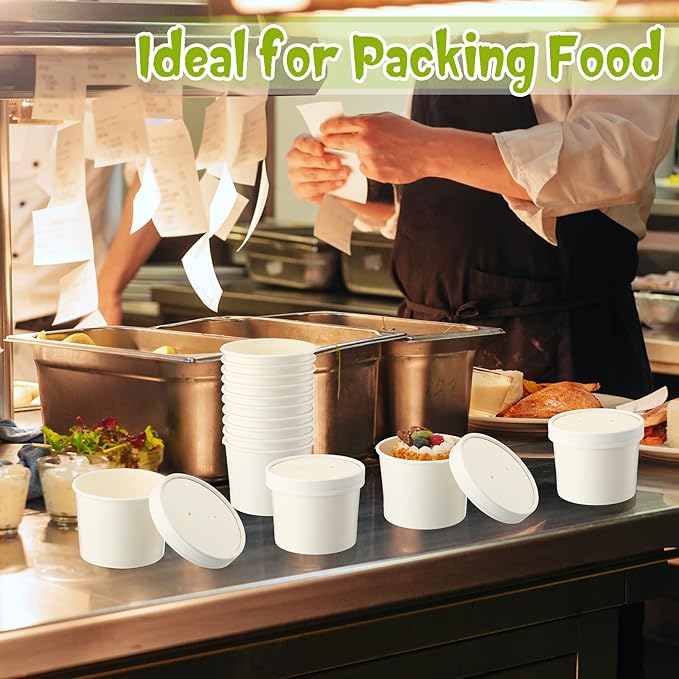 Fulmoon 100 Pack Paper Soup Containers with Lids Disposable Paper Food Containers with Vented Lid Kraft Ice Cream Cake Dessert Cups Soup Bowl for Party Hot Food Fruit Microwave(12 oz,White)