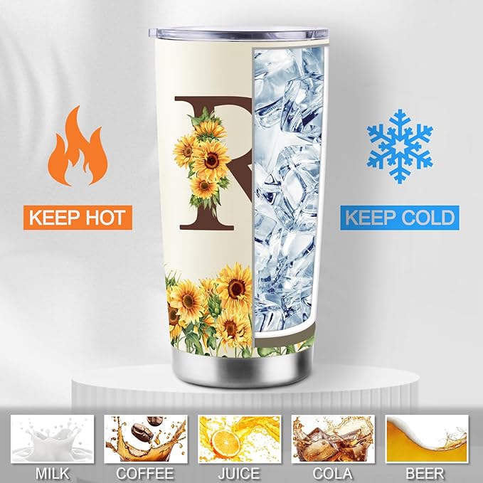 Sunflower Gifts for Women - Personalized Christmas Gifts for Women - Birthday Gift for Woman - Mothers Day Gift for Mom - Monogrammed, Initial 20oz Travel Cup Insulated Tumbler with Lid, R
