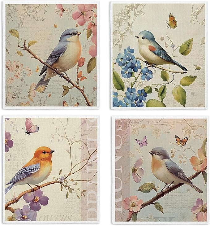 Bird Swedish Dishcloths for Kitchen, Swedish Dish Cleaning Cloths for Spring，Papaya Reusable Paper Towels, 4 Pack Dish Towels for Kitchen, Reusable Paper Dishcloths Washable