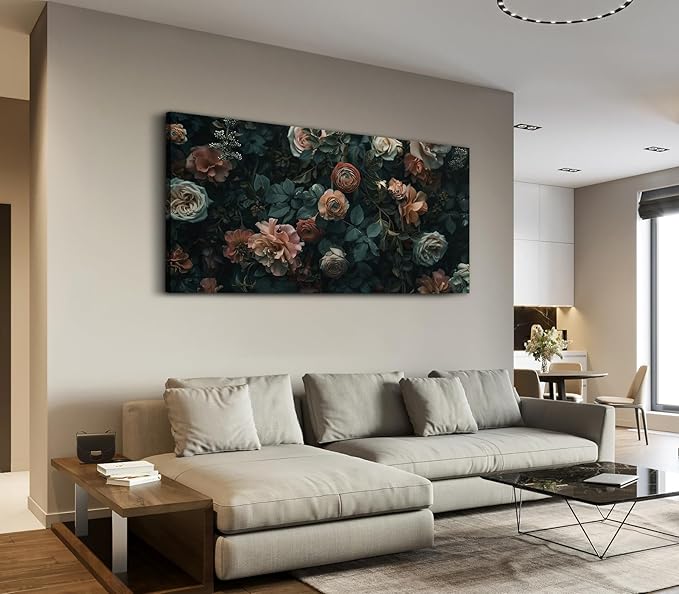 ADJUVANT Wall Art Floral 60"L x 30"W, Dark Hued Vintage Flowers With Lush Foliage Canvas Painting Elegant Blooms Artwork Retro Garden Prints Floral Wall Decor for Living Room Bedroom Study Home Office