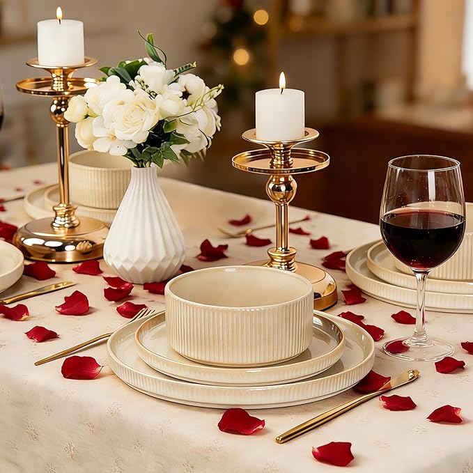 Stoneware Dinnerware Sets, Plates and Bowls Set for 4, 12-Piece Ribbed Dishes – Chip & Scratch Resistant, Microwave and Dishwasher Safe Tableware, Warm Off-White