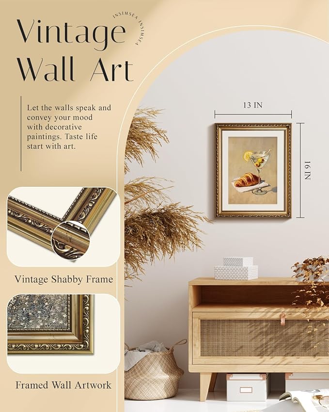 InSimSea Gold Framed Wall Art, Kitchen Dining Room Vintage Cocktail Martini Croissant Wall Shelf Decor, Still Life Canvas Print Art, Home Bar Decor, Antique Paintings with Picture Frame 13x16inch